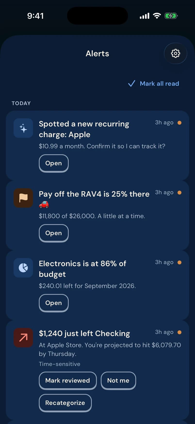 Alerts screen: a new recurring Apple charge, a car-loan goal 25% of the way there, Electronics at 86% of budget, and $1,240 just left Checking