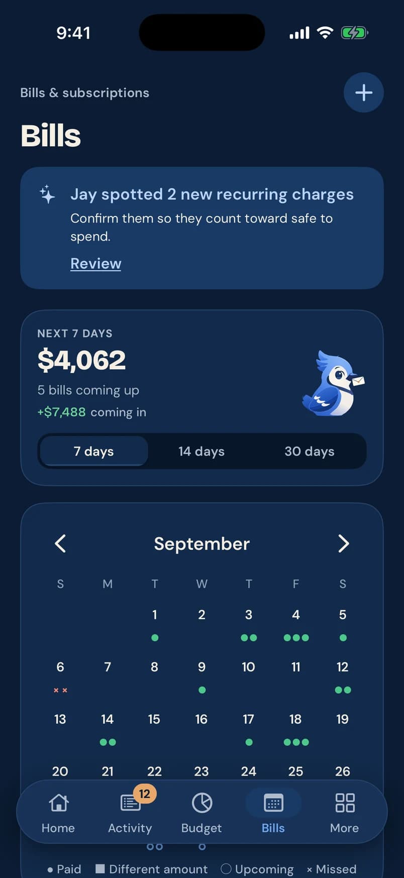 Bills screen: Jay spotted 2 new recurring charges, $4,062 due in the next 7 days, and a September calendar of paid and upcoming bills