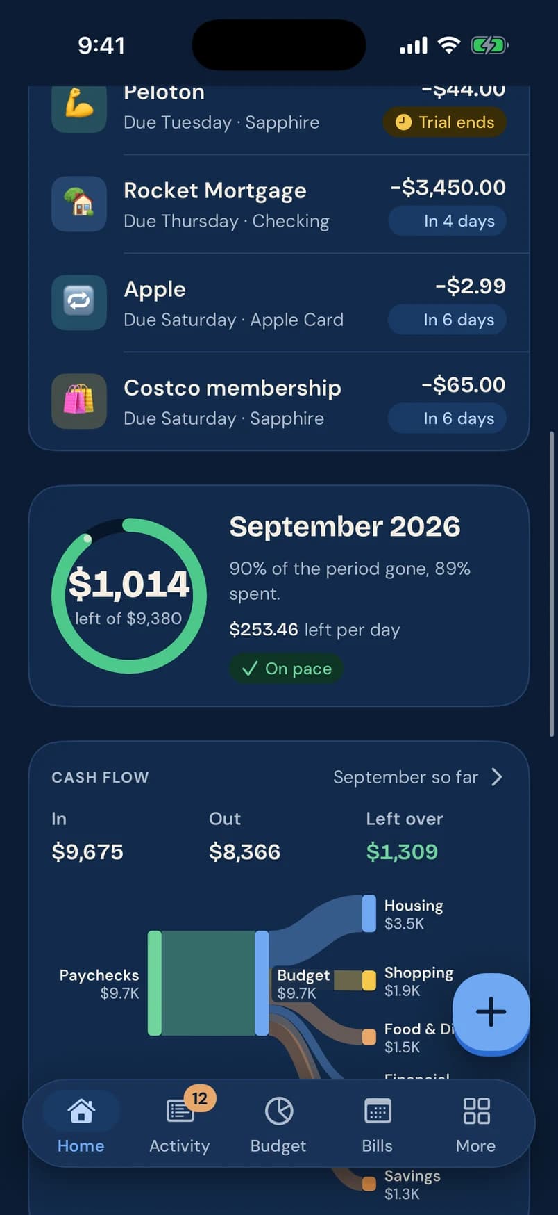 Pennyjay Home screen scrolled: bills due this week (Peloton trial ends, Rocket Mortgage, Apple, Costco membership), a September budget ring with $1,014 left, and cash flow