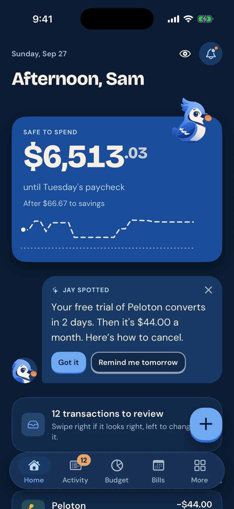 Pennyjay Home screen: $6,513.03 safe to spend until Tuesday’s paycheck, a projected balance line, and a note from Jay about a free trial ending