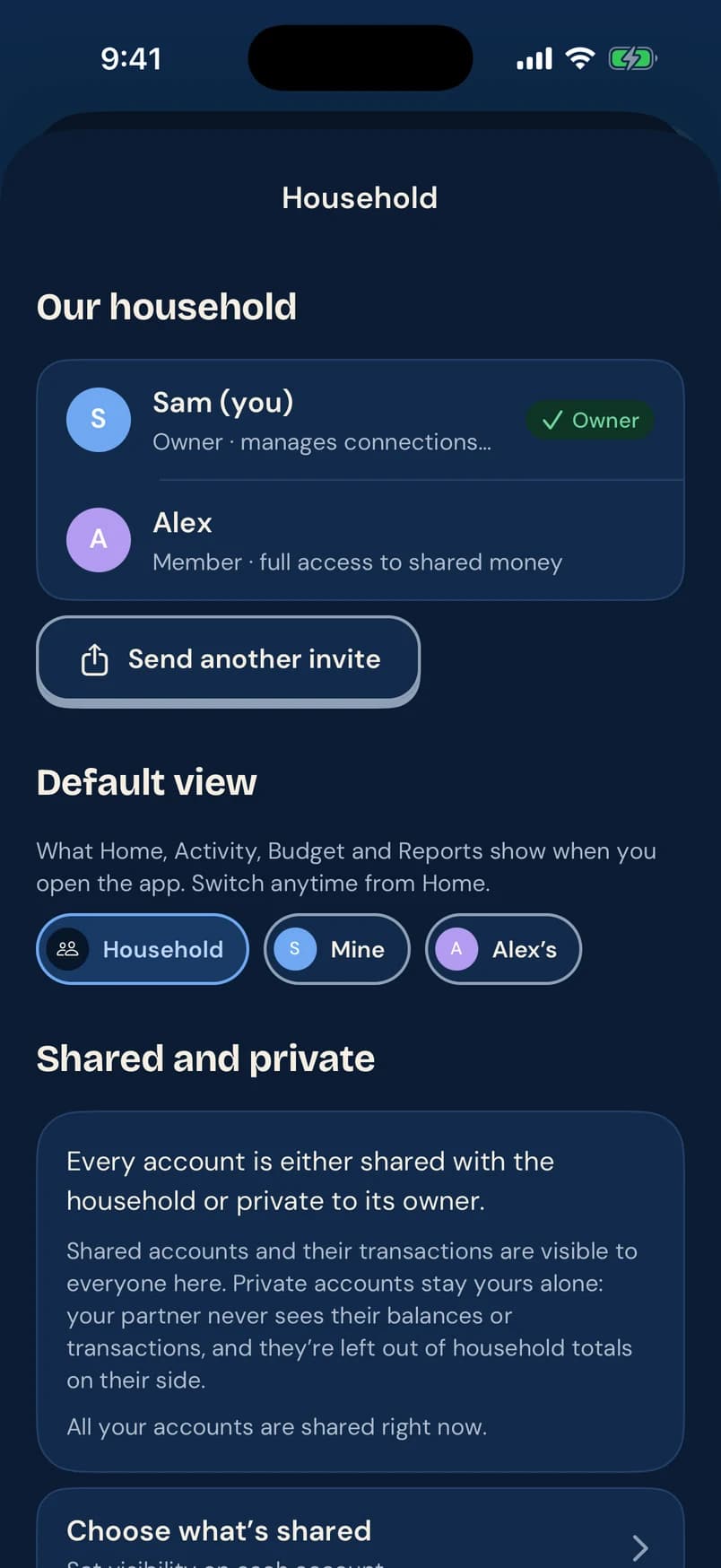 Household screen: Sam (owner) and Alex (member), default views for Household, Mine and Alex’s, and how shared and private accounts work